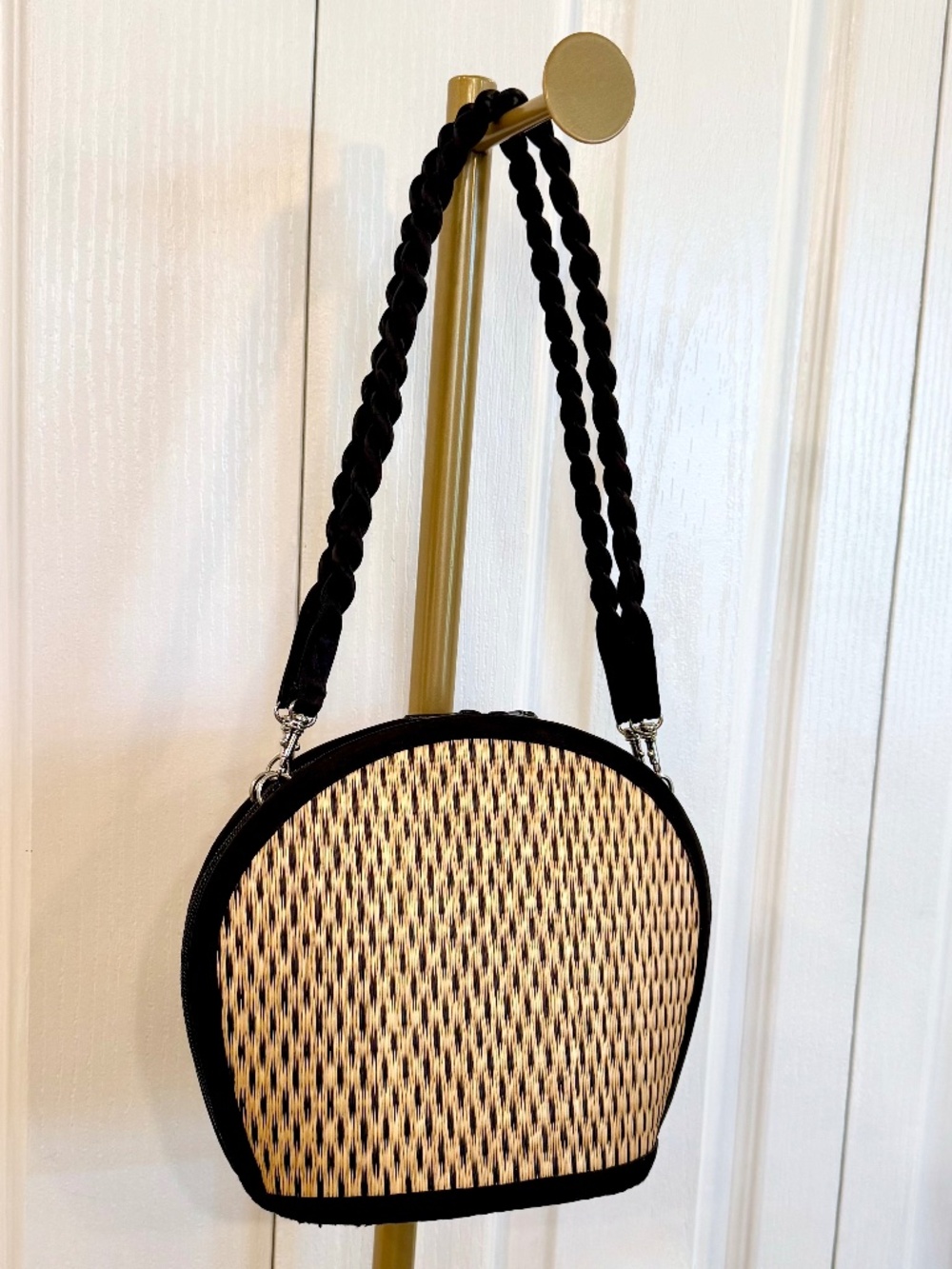 NWOT, Baskets of Cambodia Purse, Black & Tan, Black Silk Cording, 5 Compartments